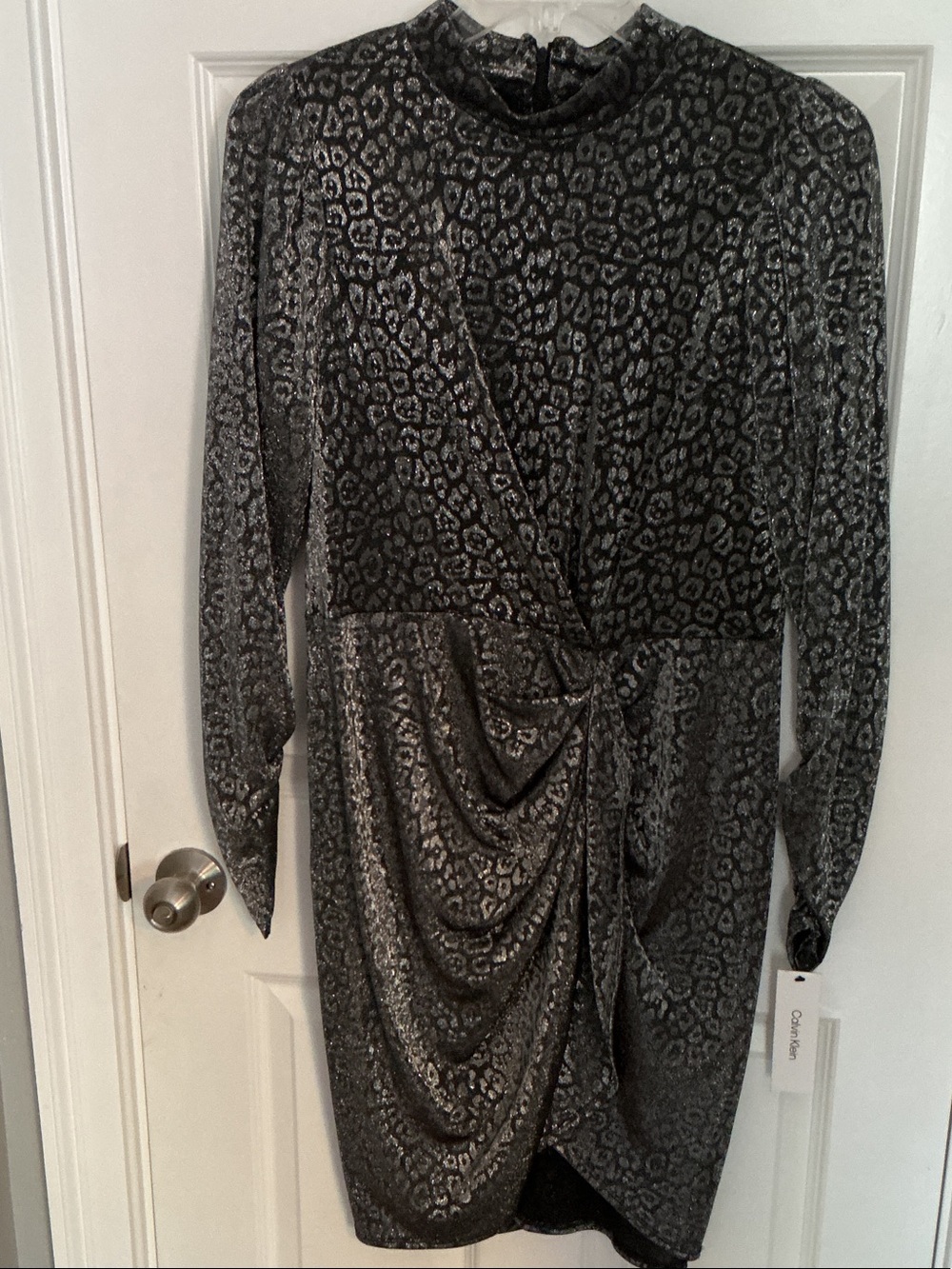 Calvin Klein Black & Silver Metallic Leopard-Print dress, knee length NWT